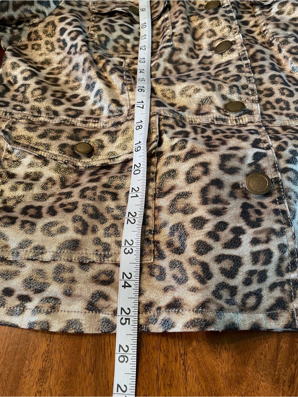 Chico’s XL Denim Leopard Print Gold Shimmer Cotton Spandex Button Up Jacket - Picture 6 of 7